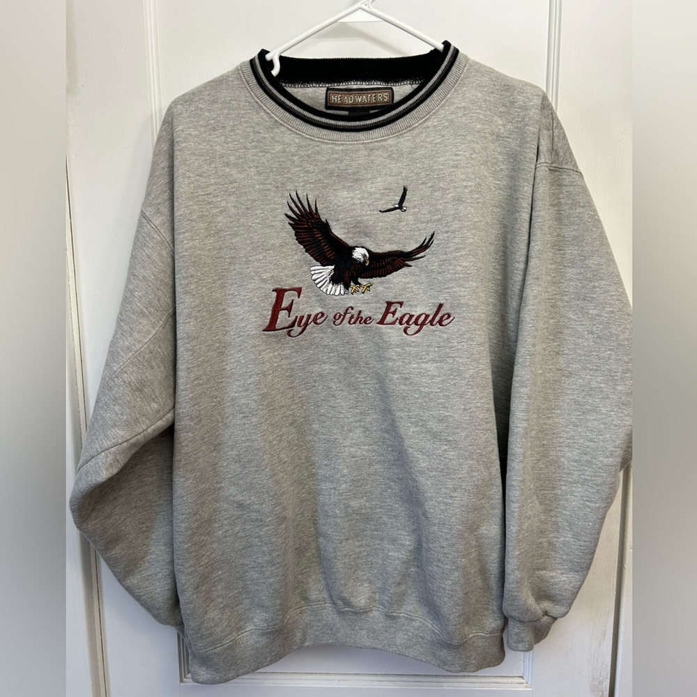 Vintage Headwaters Sweatshirt Crewneck Gray Eagles Embroider Eye of the Eagle L